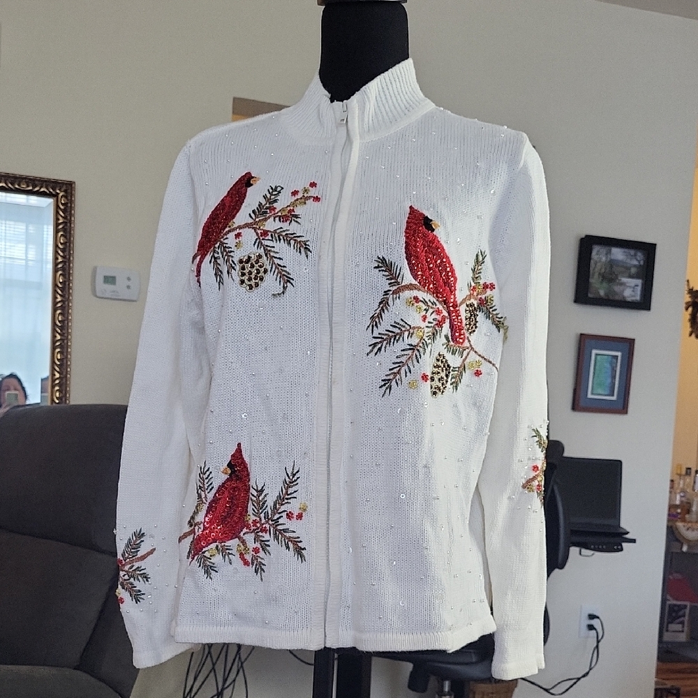 Cardinal Embroidered White Zip-Up Sweater
